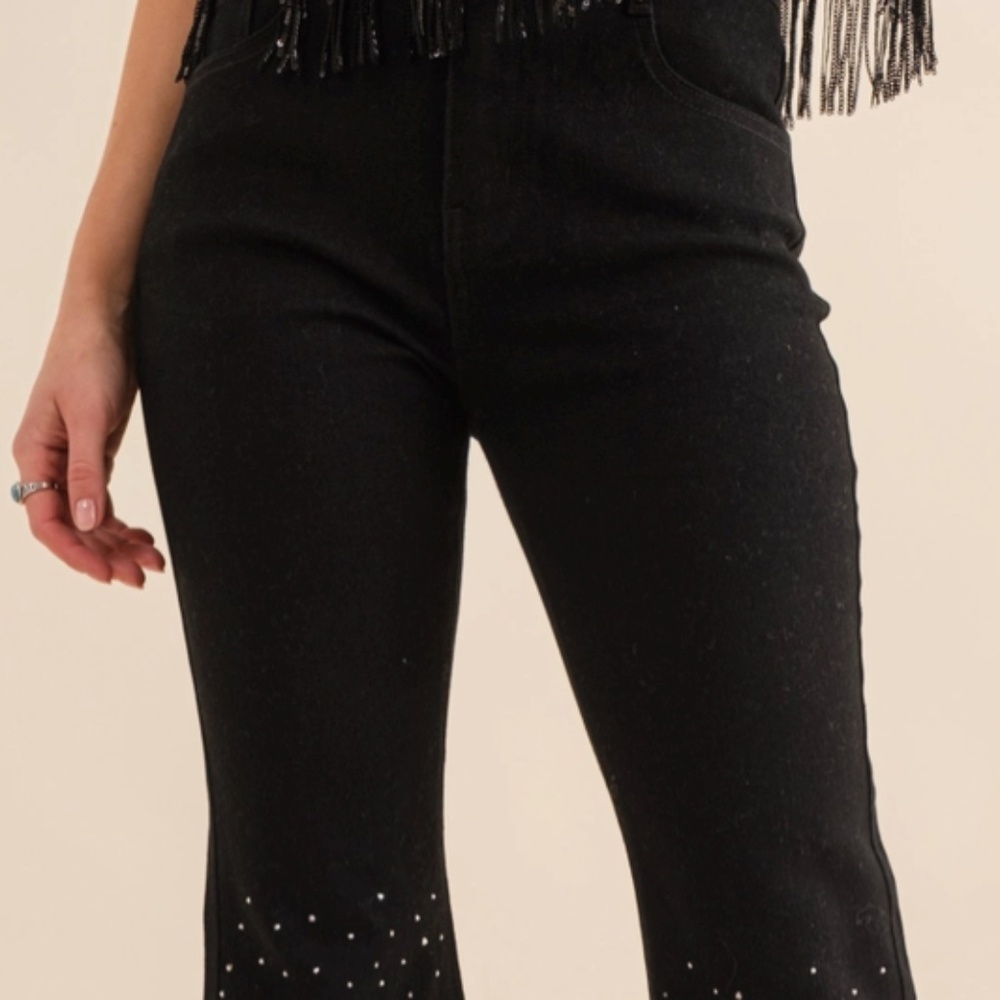 NEW! by Blue B Cotton Stretch Studded Rhinestone Fringe Bell Bottom Jeans Sz SML - Picture 12 of 16